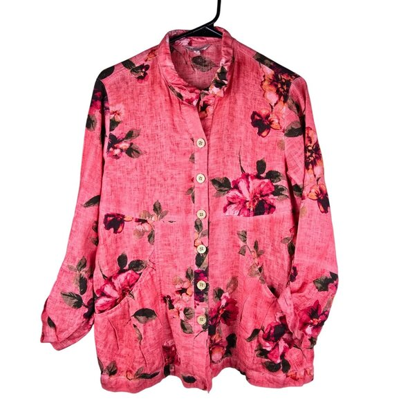 John Mark S Pink Floral Linen Button-Down Lagenlook Tunic Top With Pockets - Picture 1 of 7